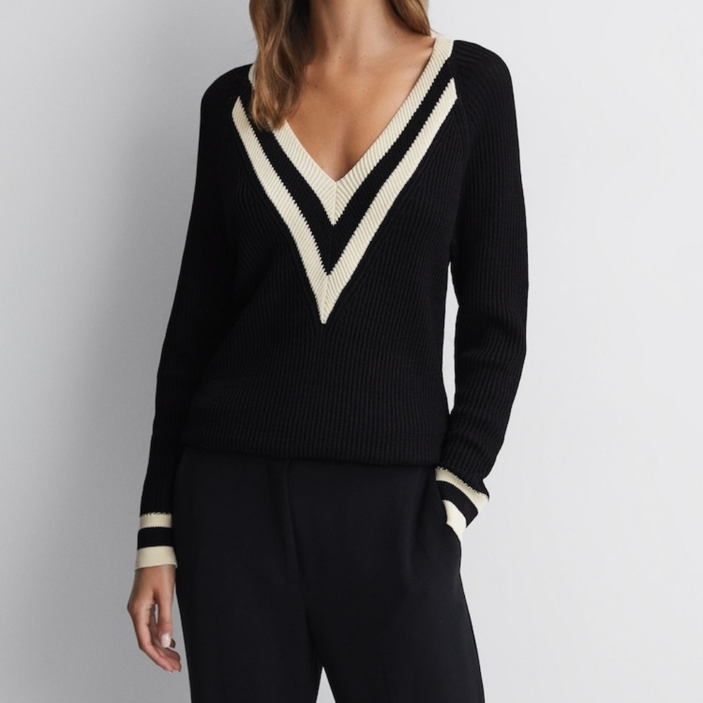 Reiss Black and Cream V-Neck Sweater